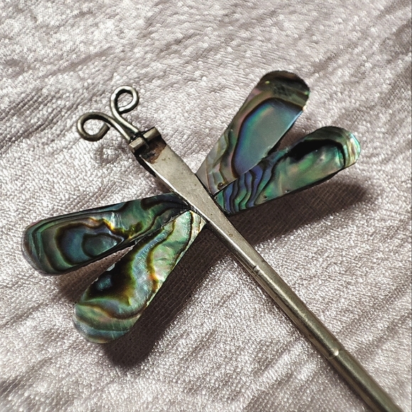 Abalone Shell Alpaca Mexico Signed Sterling Dragonfly Long Bug Vintage Brooch - Picture 4 of 10